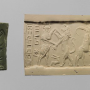 Cylinder seal and modern impression: bull-man fighting lion; nude hero combatting water buffalo; ca. 2250–2150 B.C.E.